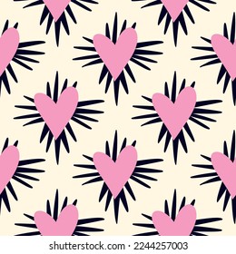 Valentines Day pattern with ugly funky hearts. Groovy cute love characters. Vector illustration in doodle style