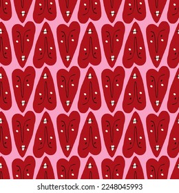 Valentines Day pattern with ugly funky hearts. Groovy cute love characters. Vector illustration in doodle style