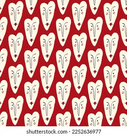 Valentines Day pattern with ugly funky hearts. Groovy cute love characters. Vector illustration in doodle style