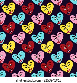 Valentines Day pattern with ugly funky hearts. Groovy cute love characters. Vector illustration in doodle style