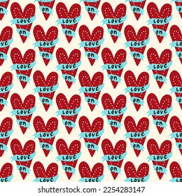 Valentines Day pattern with ugly funky hearts. Groovy cute love characters. Vector illustration in doodle style