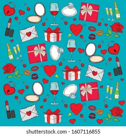 Valentine's day. Pattern with various women's things: ring, flowers, cosmetics, champagne, gifts.