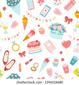 Valentine's day pattern. Vector illustration in simple cartoon style for the holiday of lovers. Background for your design, textile, digital paper, gift wrap. Flowers, sweets, cosmetics, phones