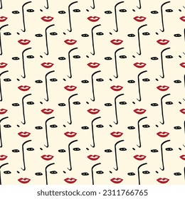 Valentines Day pattern with vibrant expressive funky faces. Groovy cute love hearts