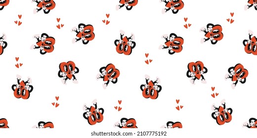 Valentinstag Muster mit wandelndem Herzmaskott im alten Retro-Cartoon-Stil