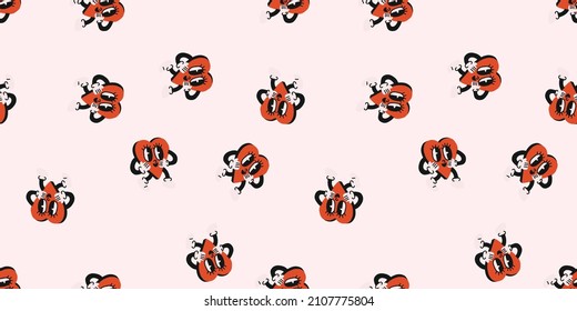 valentines day pattern with walking heart mascot in old retro cartoon style