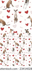 Valentine's day pattern with Whippet breed dogs and hearts on a white backgruond. Love doodles hearts with pets holiday texture. Square background, repeatable pattern. St Valentine's day wallpaper.