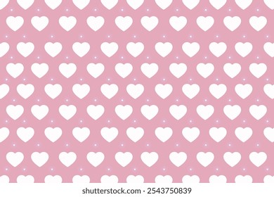 Valentines Day pattern with white hearts and sparkles on pink background. Romantic Valentine's Day design background template for branding, wallpapers, packaging, website banner