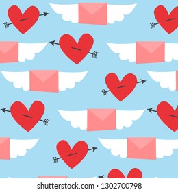 Valentines day pattern. Winged pink letters with arrow and red hearts. Vector design illustration.