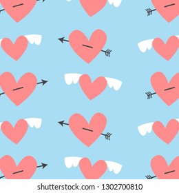 Valentines day pattern. Winged pink hearts with arrow and pink hearts. Vector design illustration.
