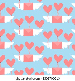 Valentines day pattern. Winged pink letters with pink heart balloons. Vector design illustration.
