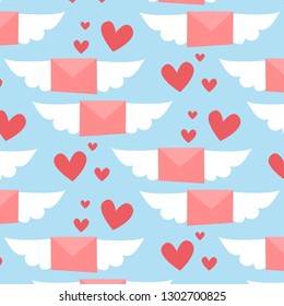 Valentines day pattern. Winged pink letters with red hearts. Vector design illustration.