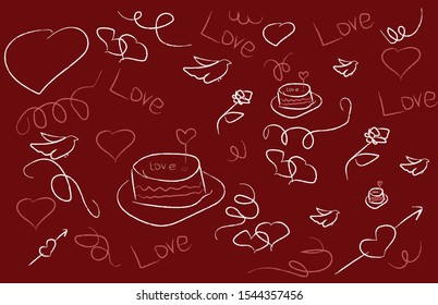 Valentine's Day   pattern with the word love, hearts, cake, rose. white picture on a red background. for cards, printing , story.  vector for wedding. not seamless