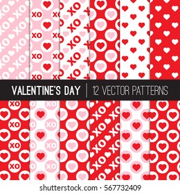 Valentine's Day Patterns with Pink and Red Hearts, Hugs and Kisses XOXO, Love Symbols. Cute Romantic Background Textures. Vector Tile Swatches Included.