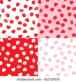 Patrones de San Valentín con corazones rojos, blancos y rosas, labios y besos, símbolos de amor. Texturas modernas de fondo romántico. Cuatro Patrones de Diferentes Colores Sin Psela. Se Incluyeron Muestras De Mosaico Vector.