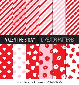 Valentine's Day Patterns with Red, White and Pink Stripes, Hearts, Lips and Kisses, Lipstick Marks. Modern Romantic Background Textures. Variable Width Striped Patterns. Vector Tile Swatches Included.
