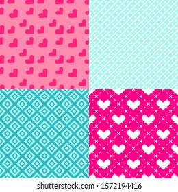 Valentine's Day patterns. Set of seamless vector patterns with hearts. Pretty chic background. Patterns for celebrations, wedding invitation, scrapbooking mother's day and valentine's day. Pink color