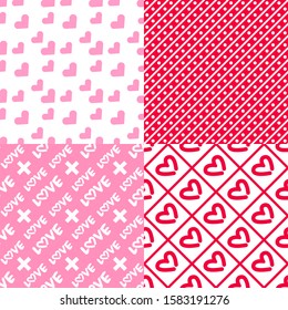 Valentine's Day patterns. Set of seamless vector patterns with hearts. Pretty love background. Patterns for celebrations, wedding invitation, scrapbooking mother's day and valentine's day. Pink color