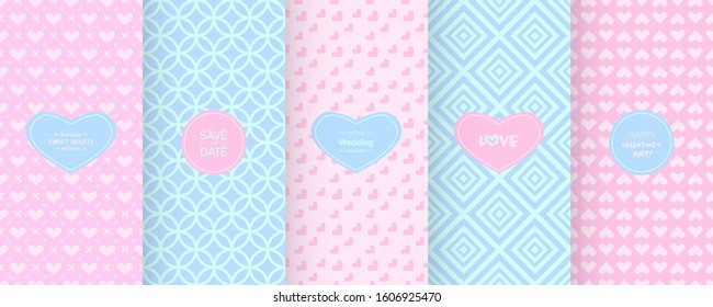 Valentine's Day patterns. Set of seamless vector patterns with hearts. Pretty chic background. Patterns for celebrations, wedding invitation, scrapbooking mother's day and valentine's day. Pink color