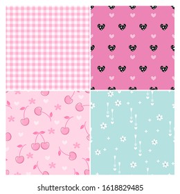 Valentine's Day patterns. Set of seamless patterns with pink white checkered, hearts, flowers,  arrow heart and cherry fruit on background. 