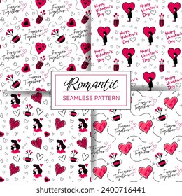 Valentine's day patterns. Set of seamless doodle love backgrounds with heart, text, girl. Vector wallpaper.