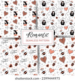 Valentine's day patterns in trendy color. Set of seamless doodle backgrounds with heart, text, girl. Vector love wallpaper.