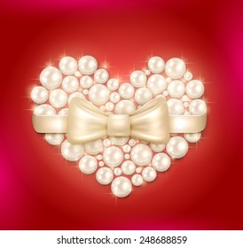 Valentine`s Day pearl heart with bow - vector illustration.