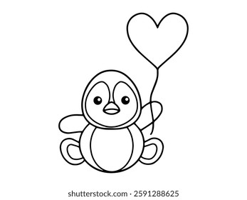 Valentines Day Penguin Holding Balloon Line Art