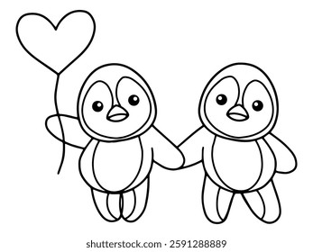 Valentines Day Penguin Holding Balloon Outline