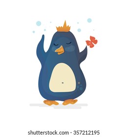 Valentine's Day Penguin. Penguin king  in the crown with butterfly. Romantic vector illustration. Can be used for books, cards, printing.