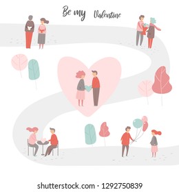 Valentine's day people collection including men and women with heart, flowers, balloons, sitting in restaurant, walking in park. Couples in love set in flat trendy style