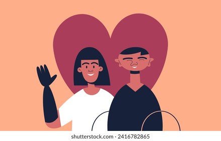 Valentine's Day for people with disabilities. Boy in a wheelchair and a girl with a prosthetic arm are in a romantic relationship. Flat vector illustration.