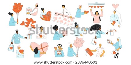 Valentine's Day people with gift set. People giving presents collection. Romantic characters with giftboxes in heart shape. February 14 collection isolated. Vector flat outline illustration