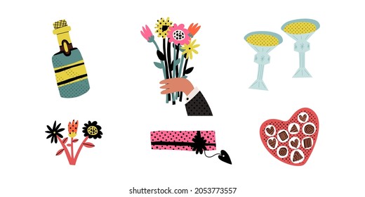 Valentine's Day perfect date pop art set. Bottle of champagne or wine, hand holding a bunch of flowers, two glasses, chocolate candies in the heart shape box and a present. Cartoon vector illustration