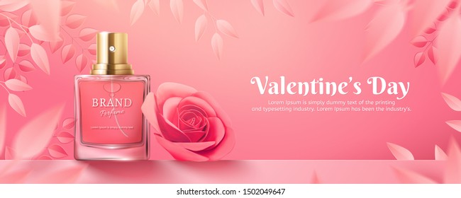 Valentine's Day perfume ads with paper pink roses in 3d illustration flay lay