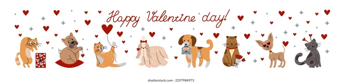 Valentines Day pets. Cartoon cat and dog characters. Animals in love. Cute puppies. Red heart. Romantic couples. Sweet kittens. Holiday celebration. Greeting card. Vector tidy illustration