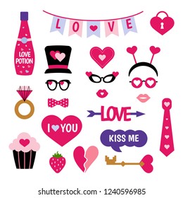 Valentine's Day photo booth props. Vector set: heart, hat, glasses, arrow, lips. I love you. Kiss me. Elements for selfie photo. Photobooth stickers for valentine's celebration. 