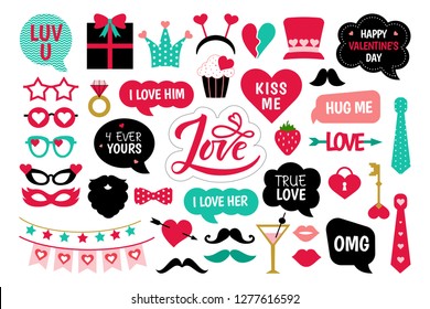 Valentine's Day photo booth props set.  Love lettering,  heart,  hat, kiss, glasses, garland and other elements for selfie. Photobooth template to cut. Concept with stickers for party. 