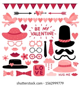 Valentines day photo booth props. Pink love wedding scrapbook elements, lips and mustaches. Glasses, tie and red heart vector selfie quotes