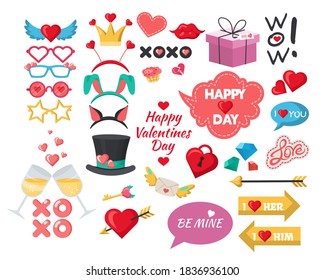 Valentines Day photo booth props, party decoration set, flat vector isolated illustration. Happy Valentines Day celebration accessories. Hearts, gifts, lips, crown, glasses, head hoops, speech bubbles