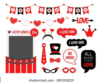 Valentines Day photo booth props set for the party. Love decoration. Kissing booth. Speech bubble with text, heart, hat, glasses, garland, bunting,  elements for a selfie. Photobooth template to cut. 