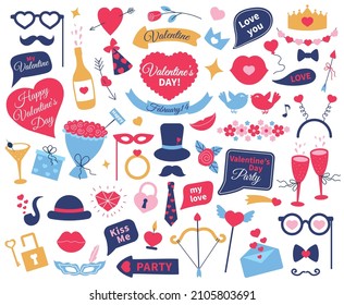 Valentines day photo booth props, valentine celebration decor. Funny hats, masks, lips, mustaches, speech bubbles party accessories vector set. 14th february celebration collection