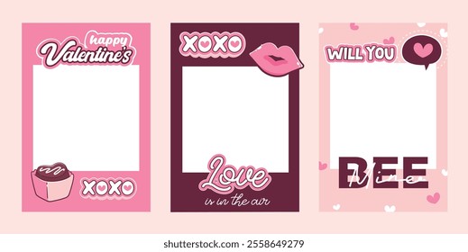 Valentine's Day photo frame ,photo template pink color. Happy Valentine's day photo booth.