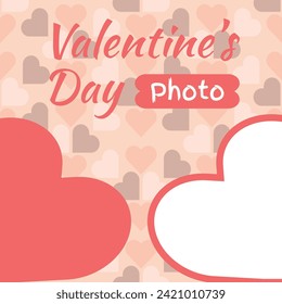 Valentine's Day Photo Frame - Frame in Transparent Heart Shape for Photo Insertion with other Heart for Text Insertion, Valentines Day Logo and Hearts in Pink Tones in the Background.