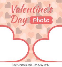 Valentine's Day Photo Frame - Frame in Two Transparents Hearts Shape for Photos Insertion with Valentines Day Logo and Hearts in Pink Tones in the Background.