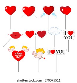 Valentines day photo props. Paper elements for photos shoot. February 14 lovers. I like you. Lips and cloud. Cupid and kiss. Big red heart. 