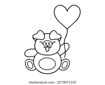 Valentines Day Pig Holding Balloon Line Art