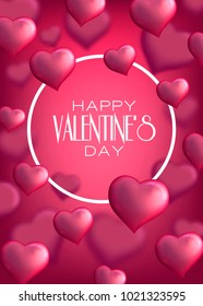 Valentine's Day with pink 3d hearts on pink background. Vector illustration. Cute love valentine banner or greeting card.