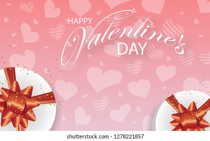 Valentines day pink background decorated round Boxes with bows and hearts. Design for posters, banners or cards. Vector illustration.