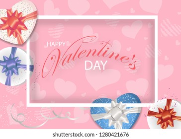 Valentines day pink background decorated hearts and Boxes with bows. Design for posters, banners or cards. Vector illustration.